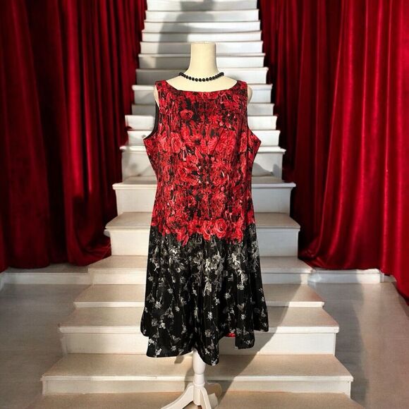 Julian Taylor New York Floral Sleeveless Fit & Flare Dress Size 14 Red Black - Picture 1 of 13